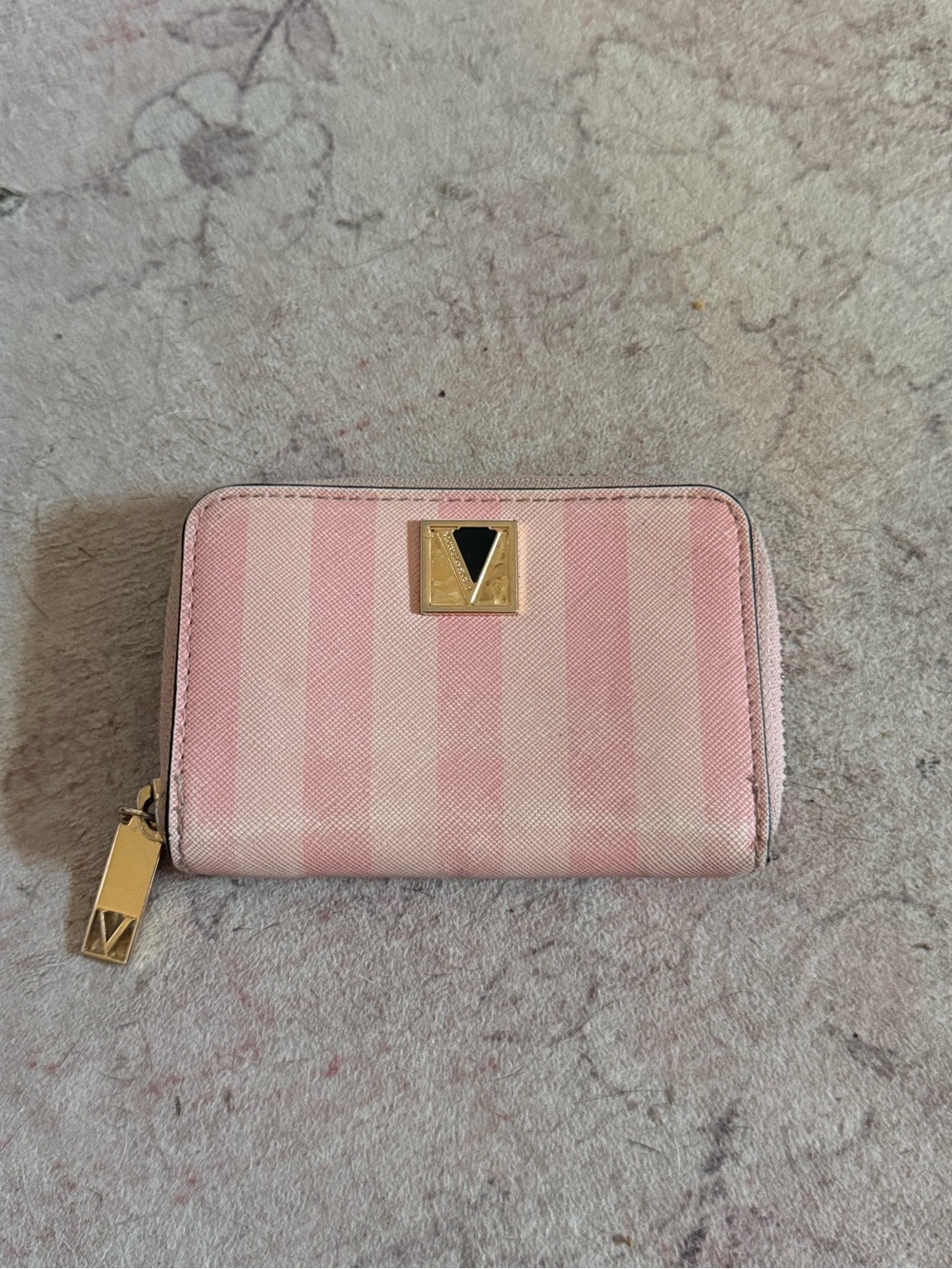 Victoria's Secret Pink Striped Zip Around Wallet with Gold Trim